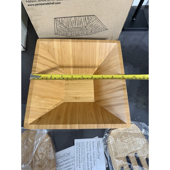 NEW Pampered Chef Bamboo Square Salad Serving Bowl & Claw Tongs, #2254 and #2288 - Picture 4 of 10
